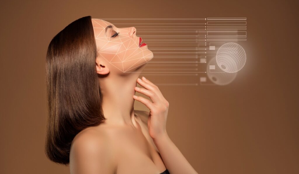 Creative trend collage of attractive woman touch neck artificial intelligence scanning face brown color background