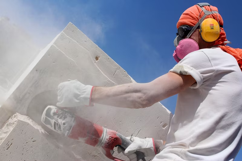 a person cutting stone