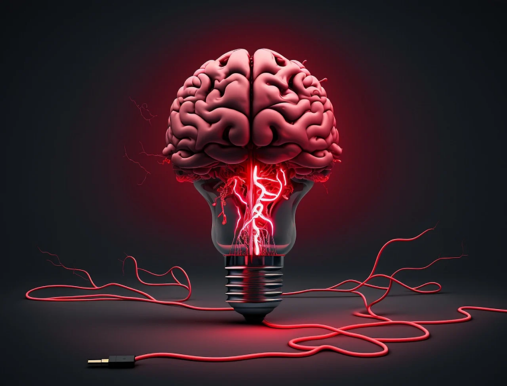 a lightbulb brain lit up but unplugged