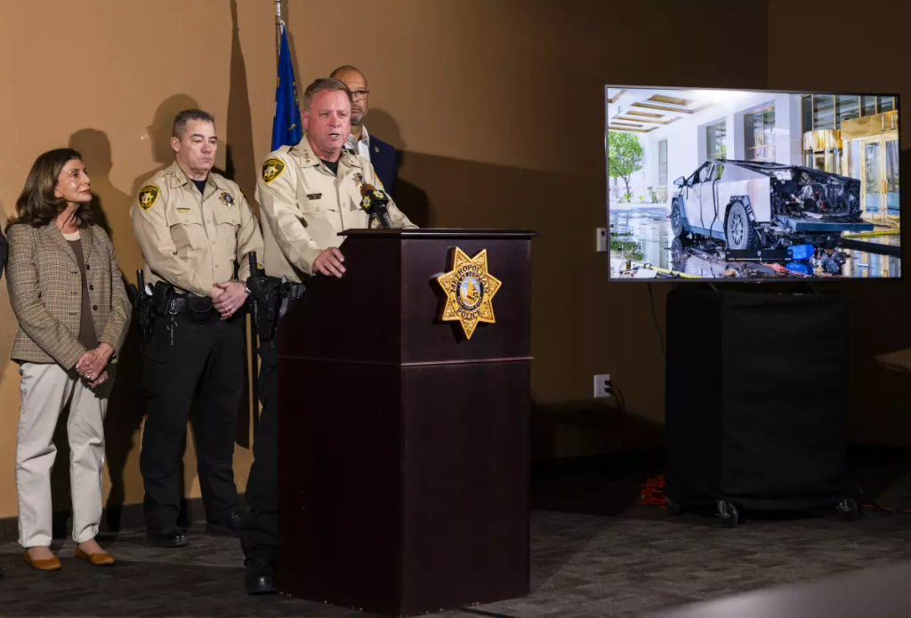 Clark County Sheriff Kevin McMahill briefs the media about the Tesla Cybertruck explosion Wednesday in front of the entrance to Trump International Hotel in Las Vegas.