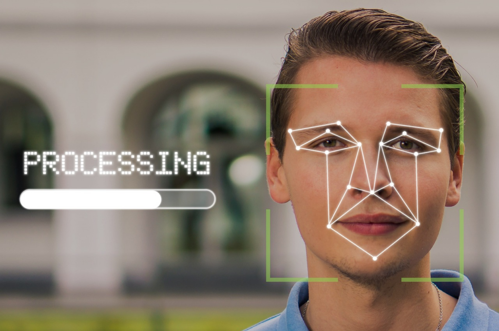 a man's face being biometrically scanned