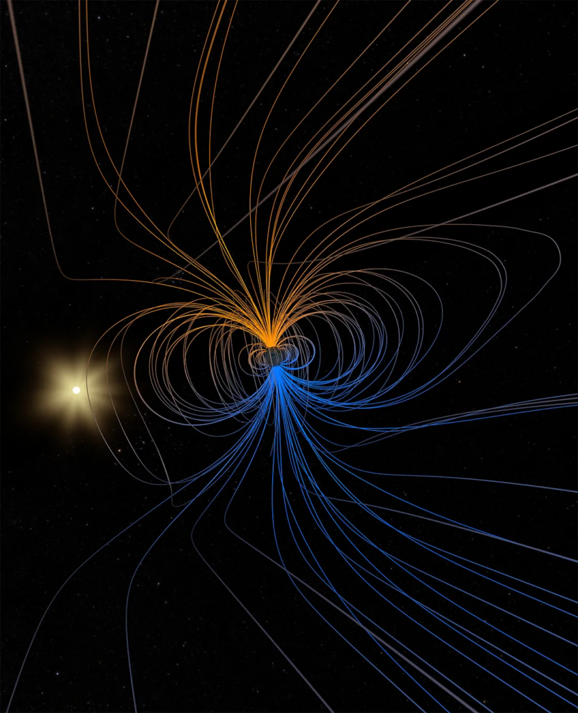 This stereoscopic visualization shows a simple model of the Earth’s magnetic field. The magnetic field partially shields the Earth from harmful charged particles emanating from the Sun.