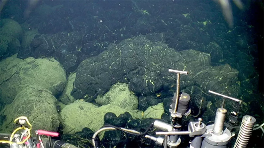 The edge of the 2015 lava flow at Axial Seamount (the dark lava at right) where it overlies older sedimented lavas (lower left)