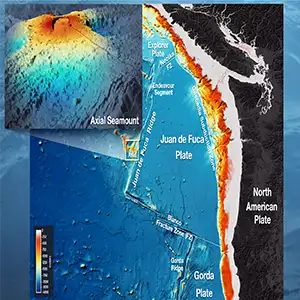 Geography of the underwater volcano Axial Seamount, located in the Juan de Fuca Ridge, an underwater mountain range.