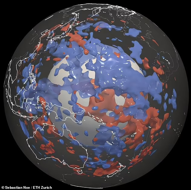 Researchers uncover zones in the Earth's lower mantle where seismic waves travel slower (red) or faster (blue) 
