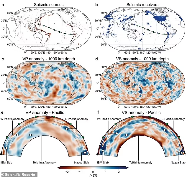 A and B show the locations of seismic stations along the Pacific. C to F show the seismic wave anomalies