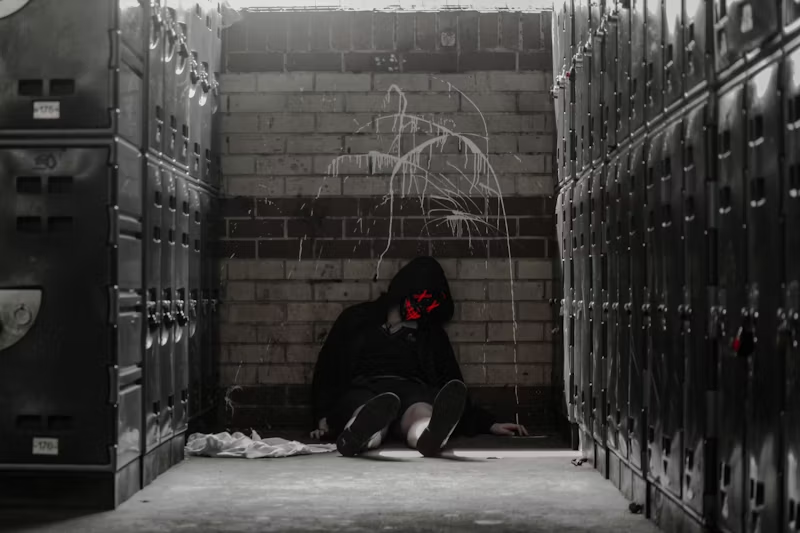 a scary guy at the end of a hallway lined with lockers