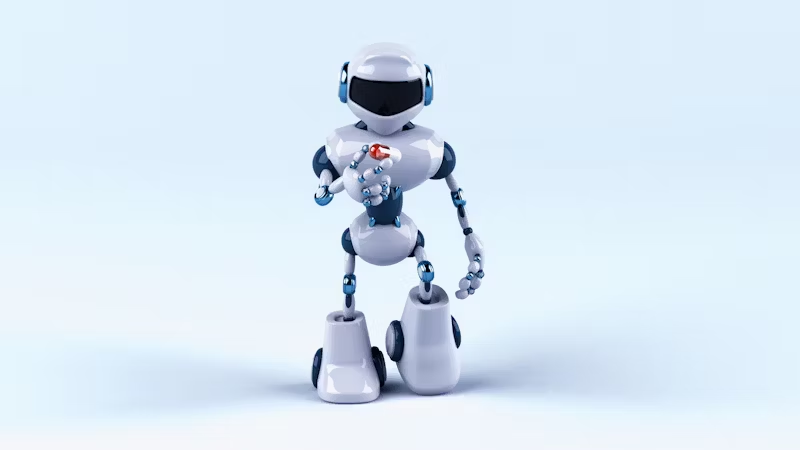 a robot walking forward holding a pill 
