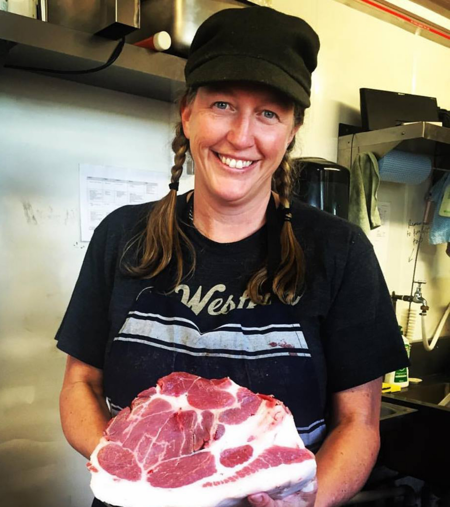 Tammi holding a piece of beef
