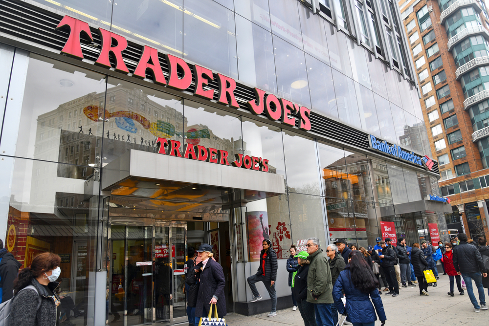 NEW YORK CITY CIRCA MARCH 2020. As the coronavirus pandemic broadens in scope, grocery stores such as Trader Joe’s are seeing long lines of people stocking up on food and provisions