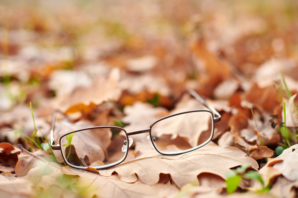 Glasses on autumn foliage. Lost glasses as symbol of sudden vision loss. Vitamin deficiency with age.
