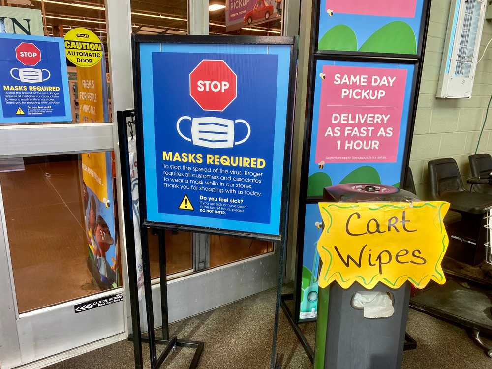 Richmond Hill,Georgia/United States-July 25 2020: “Stop , Mask required “sign in front of Kroger store .To stop the spread of Coronavirus, lots of businesses require people to wear mask while in store