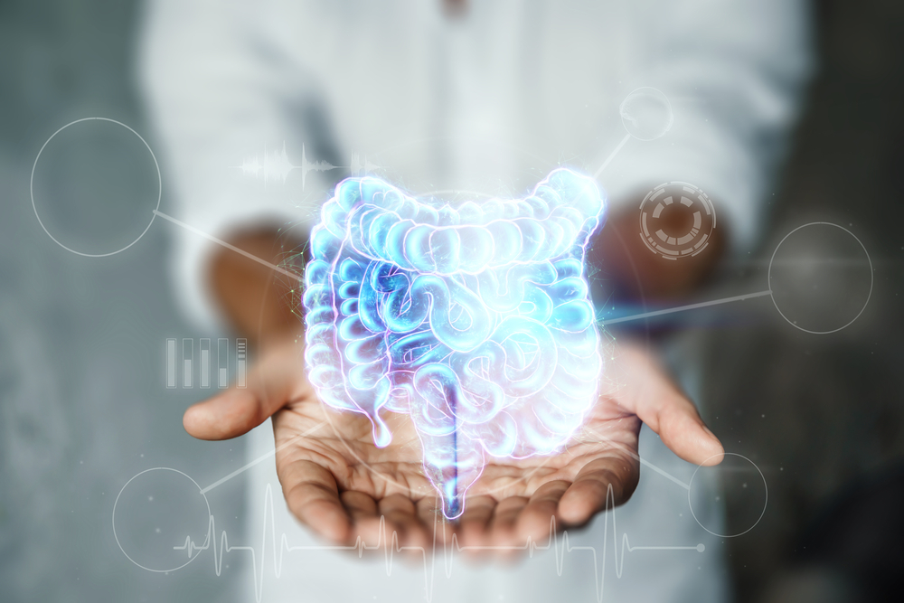 Doctor and holographic bowel scan projection with vital signs and medical records. Concept of new technologies, body scan, digital x-ray, abdominal organs, modern medicine
