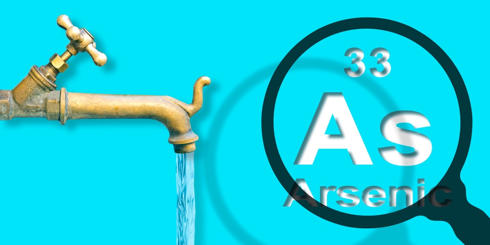 Presence of Arsenic in drinking water - concept with the Mendeleev periodic table, old water brass faucet and magnifying glass
