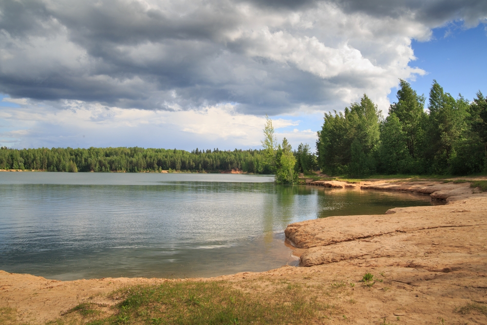 Landscape with sandy lake shore on a summer day.
