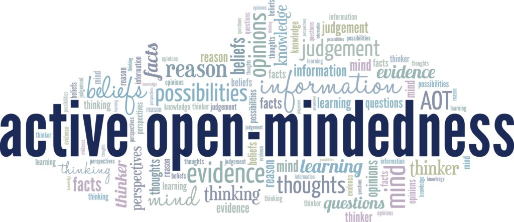 Active Open-Mind Thinking: Open-Mindedness word cloud conceptual design isolated on white background.