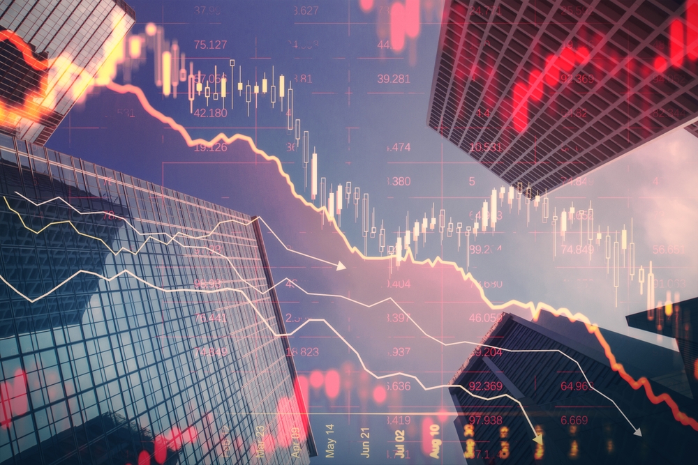 Abstract downward red forex chart on blurry city texture. Crisis, recession and economic fall concept. Double exposure