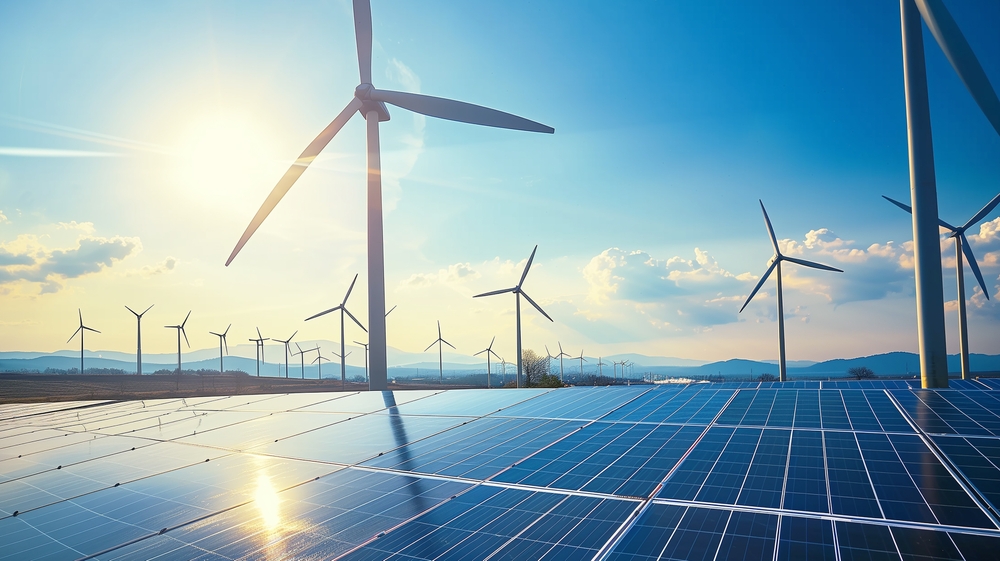 Green energy harvest with windmill and solar panels for eco-green sustainable concept
