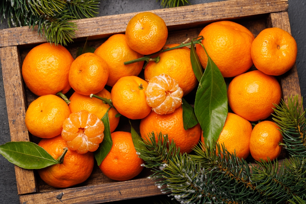 Festive citrus joy: Tangerines in a holiday-themed box, flat lay