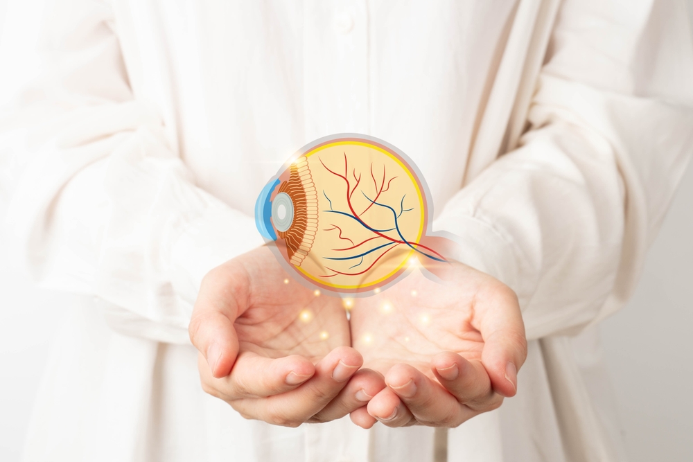 Human eye anatomy hologram on doctor hands. Awareness of eye diseases include age-related macular degeneration, cataract, diabetic retinopathy, and glaucoma. Digital vision eye care concept.
