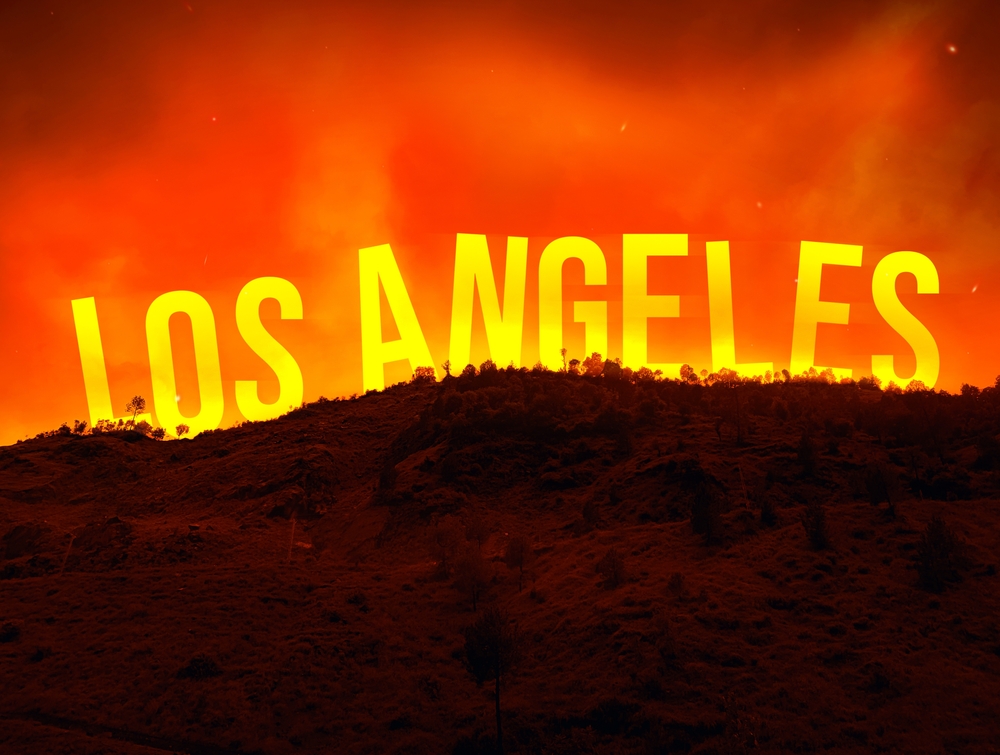Los Angeles Wildfire concept background with extreme orange weather and fire, typography behind mountain.