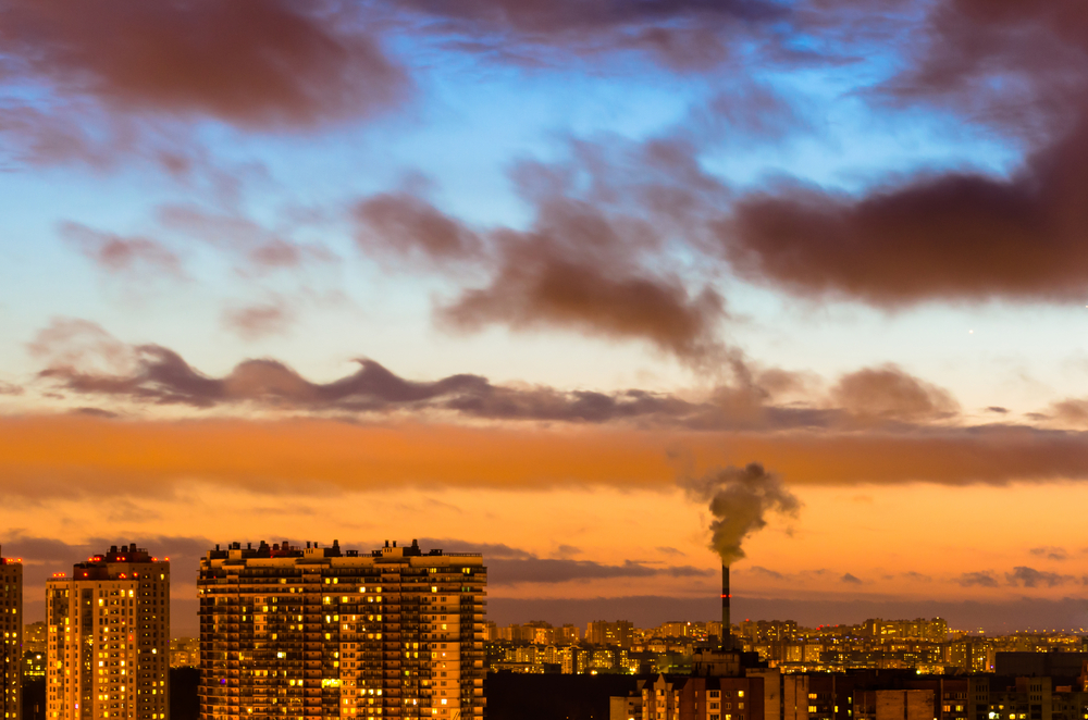Cities and industrial smoke clouds the sky sunset Kelvin-helmholtz instability Venus planet.