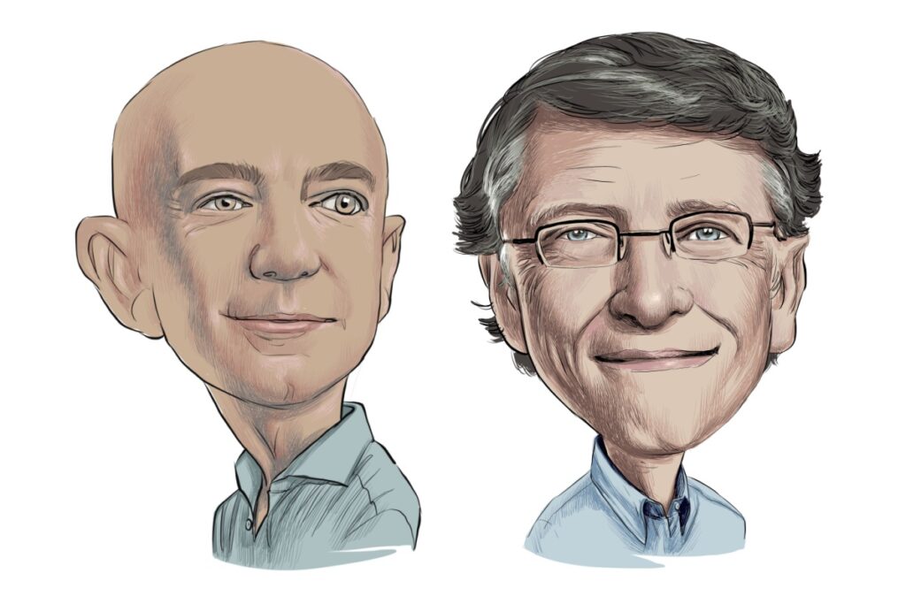 Caricature of Bill Gates Somalia, Jeff Bezos CEO Amazon Businessman Millionaire Portrait Drawing Illustration.