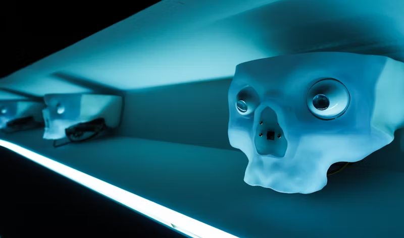 human skull with machine eyes
