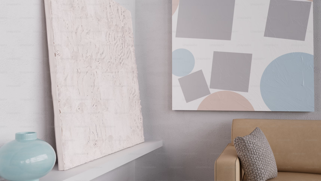 A chair and a vase are positioned on a shelf beside a colorful painting, creating an inviting and artistic decluttered atmosphere.