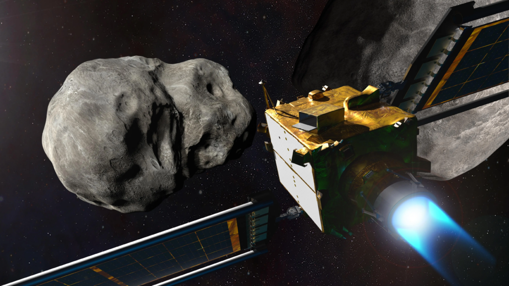 Rendering of Double Asteroid Redirection Test (DART) approaching an asteroid threat in space