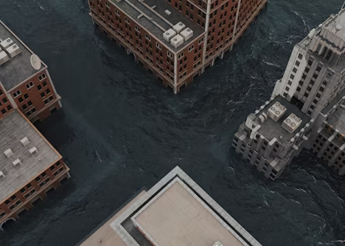 Rendering of flooded city buildings from ariel view