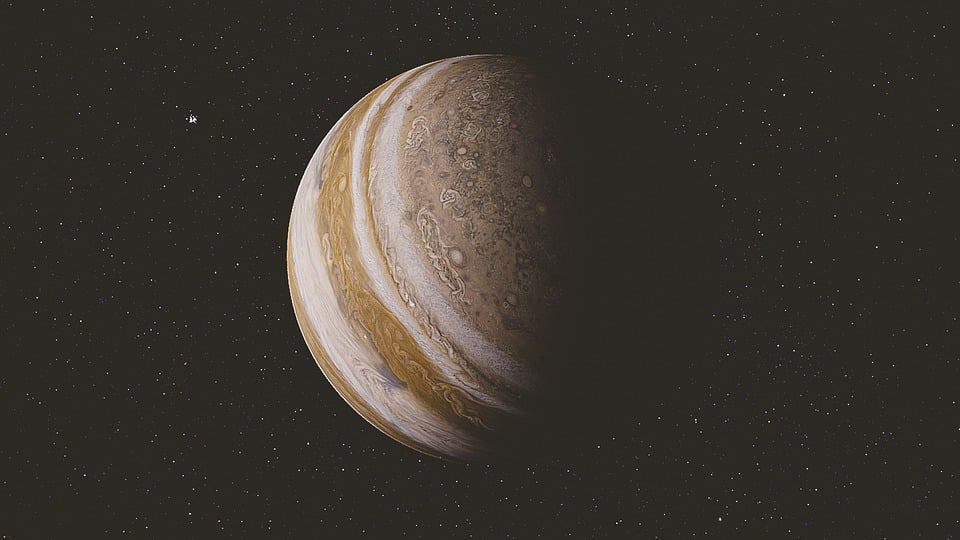 A stunning view of Jupiter and its moon illuminated in the night sky, reminiscent of Voyager 1's historic encounter.