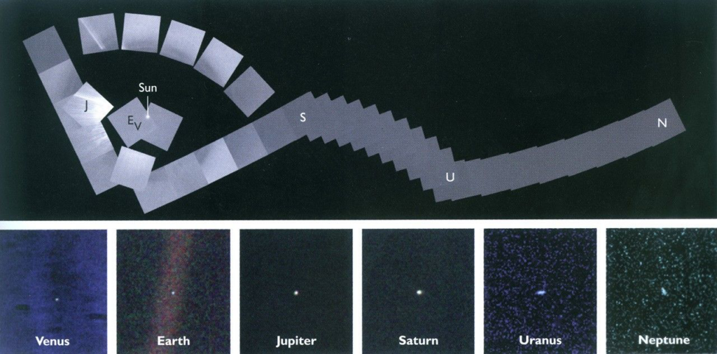 An illustration of diverse stars and planets in the night sky, highlighted by Voyager 1's famous solar system selfie.