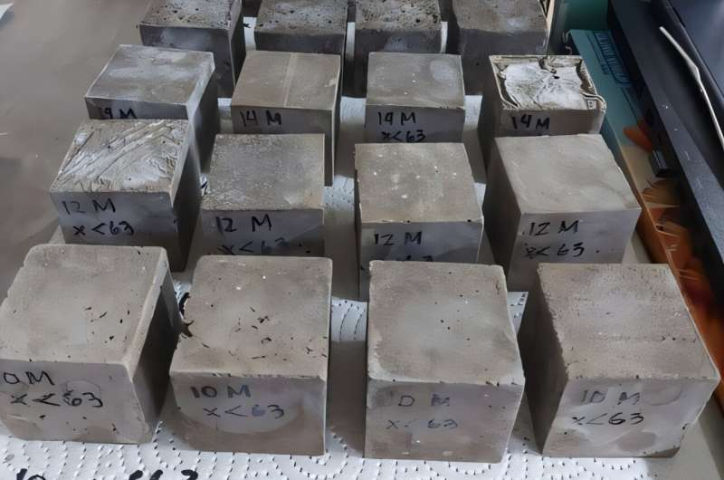 Blocks of geopolymer mortar made from Taal volcanic ash (TVA) freshly removed from their molds after being left to cure for 24 hours. 
