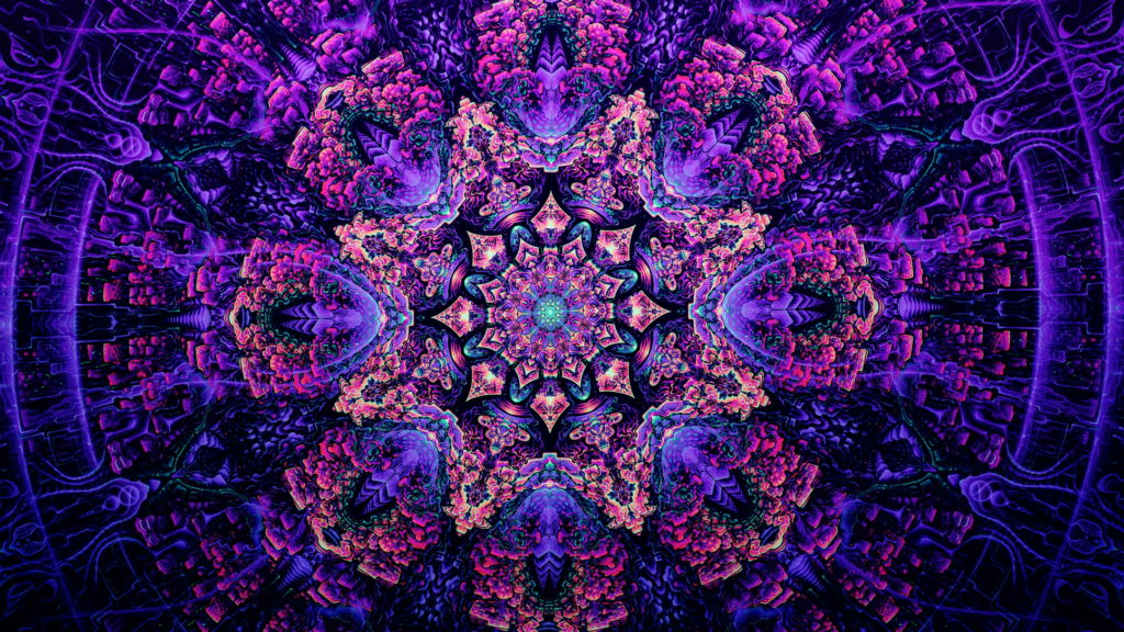 A striking purple and black psychedelic pattern with a large star, representing the exploration of consciousness.