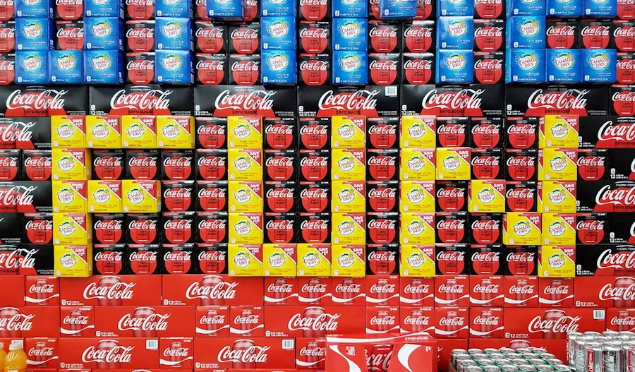 Boxes of carbonated drinks spelling FUN