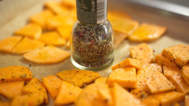 Sweet Potatoes and Vial of Spices