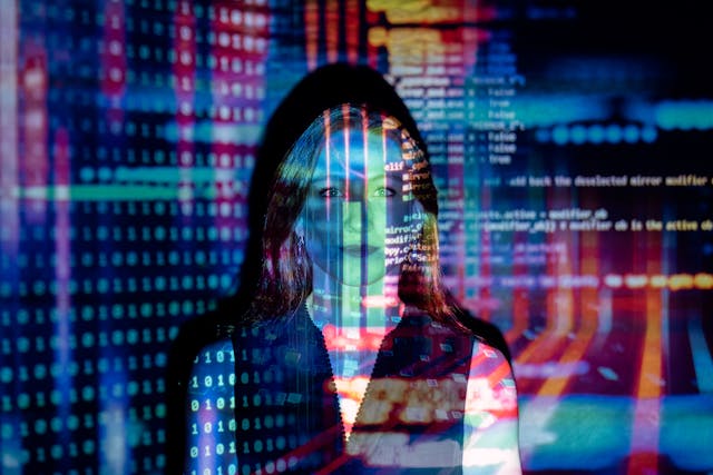 Woman overlaid with digital information