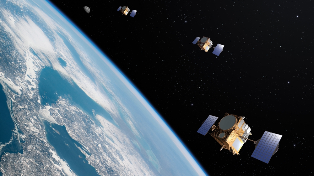 Satellite constellation orbiting Earth, satellite communication concept