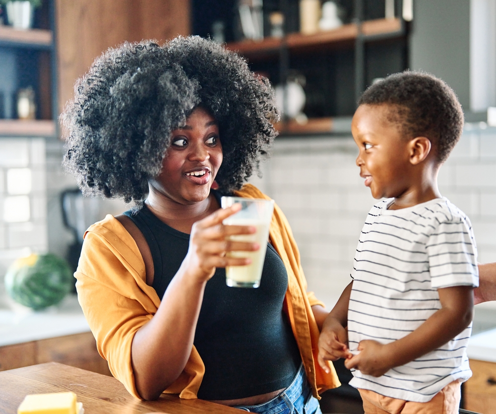 Portrait of mother, father and son preparing and eating breakfast and drinking milk in the kitchen at home
