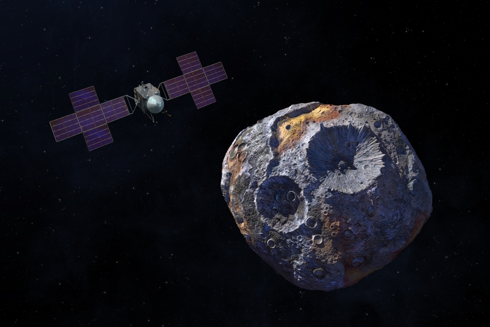 Asteroid Psyche. Asteroid orbiting the Sun between Mars and Jupiter. Psyche mission. The Psyche spacecraft will arrive at the asteroid in August 2029. This image elements furnished by NASA.