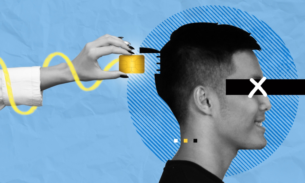 Installing neuralink brain chip implant to human head. Futuristic high tech science concept art. Science breakthrough illustration. Modern digital collage, contemporary art visual metaphor
