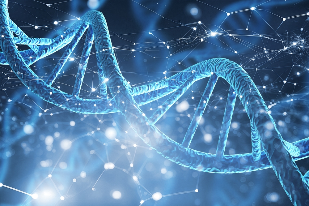 Spiral DNA double helix structure on blue background.
