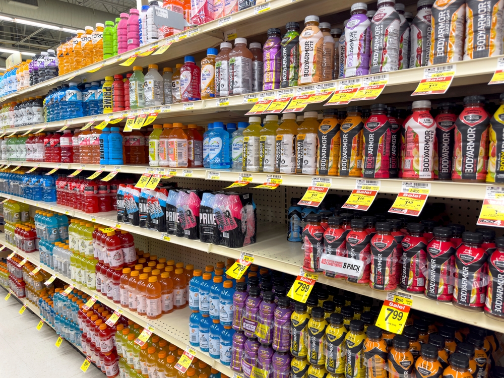 Los Angeles, California, United States - 04-14-2024: A view of several shelves dedicated to brands of sports drinks, on display at a local grocery store.