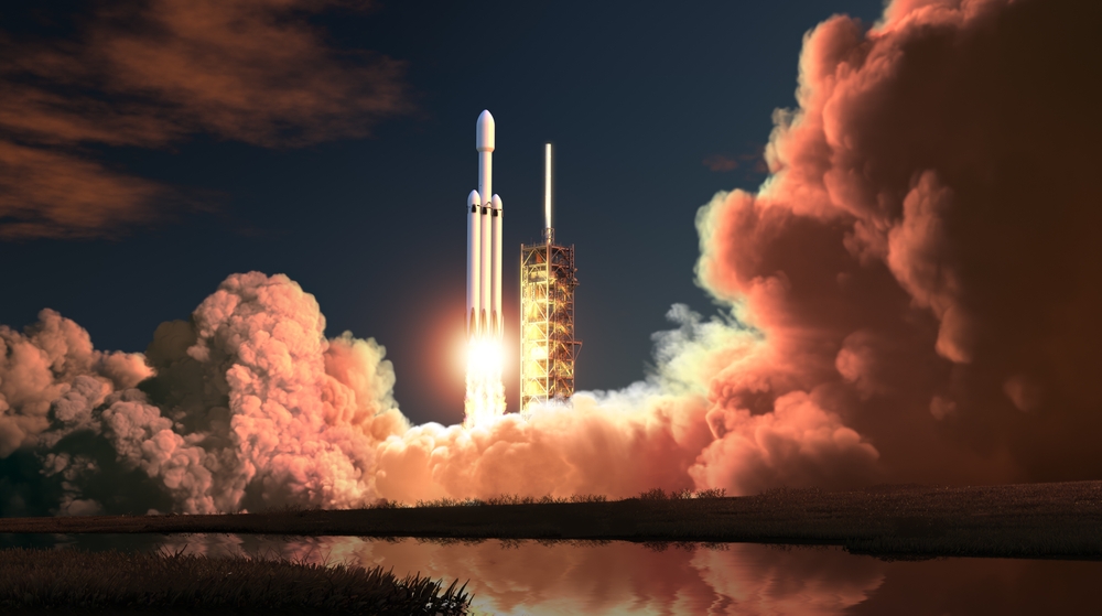 Heavy Rocket Night Launch. 3d illustration.