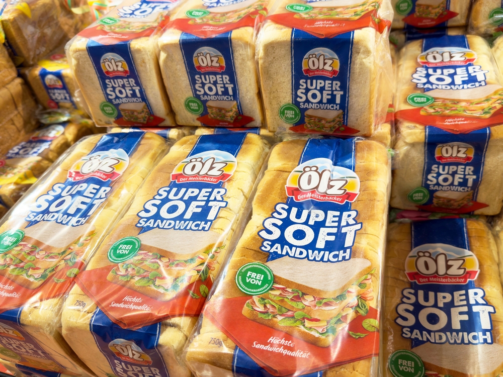 Villach, Austria - January 13, 2025: Ölz super soft sandwich bread packaging display in grocery store.