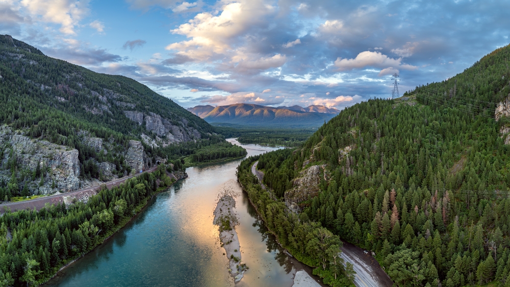Flathead River, Hungry Horse, Montana. USA. Near western entrance of Glacier National Park. Serene River Valley at Sunset. July 1, 2024.
