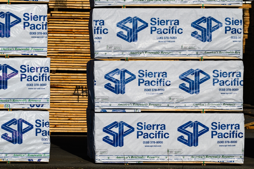 Mount Vernon, WA, USA - January 29, 2025; Packaged lumber at Sierra Pacific forest product company ready for shipping
