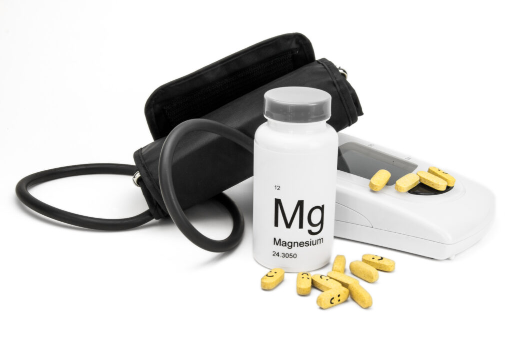 Bottle of Magnesium vitamins for healthy blood pressure
