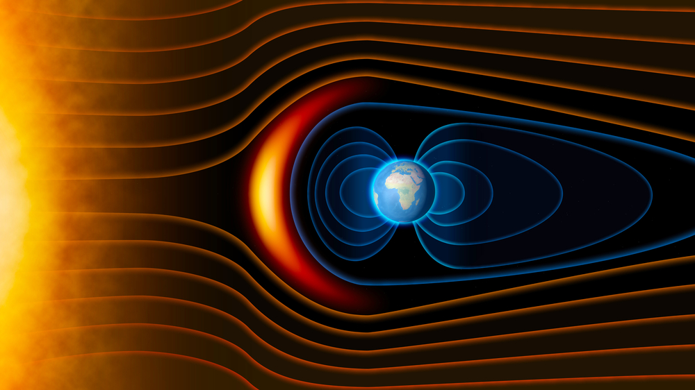 Earth's magnetic field, the Earth, the solar wind, the flow of particles. Sun. Element of this image is furnished by NASA
